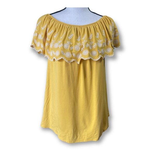 Adrianna Papell Off Shoulder Mustard Yellow Embroidered Detail Blouse - Picture 1 of 9